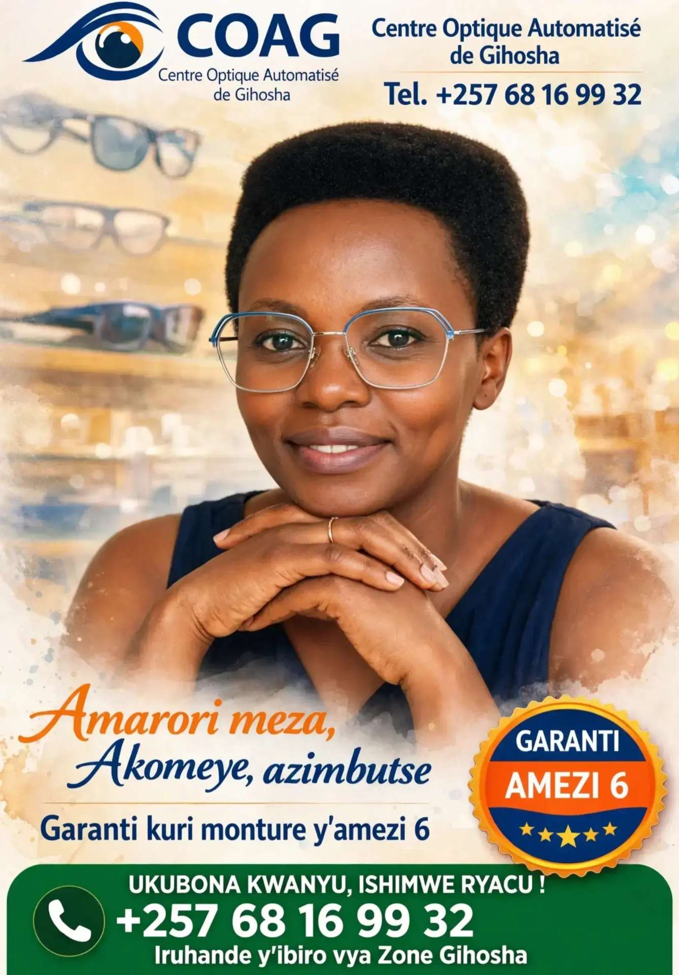 Femme portant des lunettes de vue élégantes du Centre Optique Automatisé de Gihosha